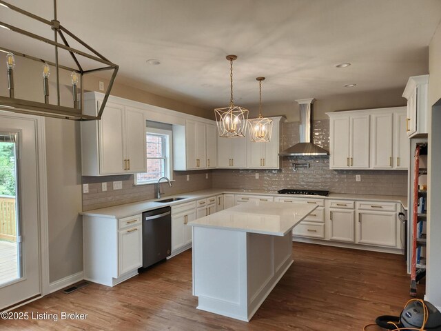 42 Lincoln Hill Way, Louisville, KY 40245 - kitchen with wall chimney exhaust hood, dishwasher, a sink, light countertops, and recessed lighting