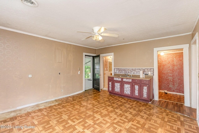 793 Samuels Loop, Coxs Creek, KY 40013 - unfurnished room featuring a ceiling fan, a sink, baseboards, a textured ceiling, and parquet floors