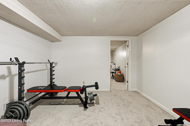 7020 Field View Ct, Louisville, KY 40291 - workout area featuring carpet, a textured ceiling, and baseboards