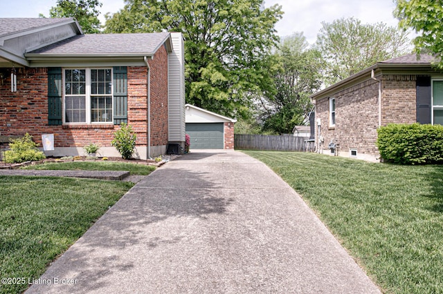 7020 Field View Ct, Louisville, KY 40291 - view of side of home with brick siding, an outdoor structure, a garage, a chimney, and a shingled roof