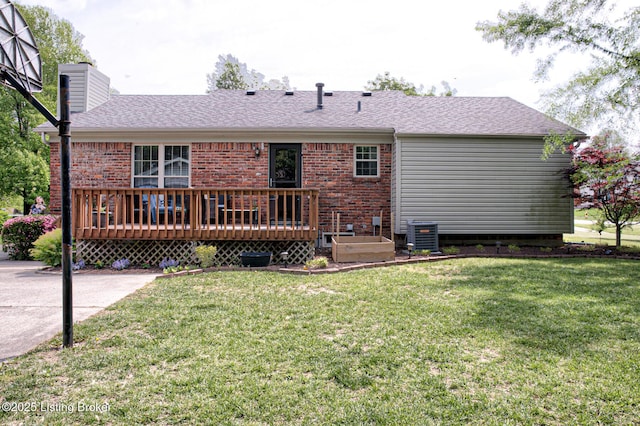 7020 Field View Ct, Louisville, KY 40291 - back of property featuring a wooden deck, brick siding, a chimney, a yard, and a shingled roof