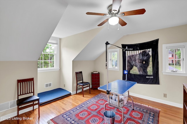 2501 Newburg Rd, Louisville, KY 40205 - home office featuring wood finished floors, ceiling fan, vaulted ceiling, and baseboards