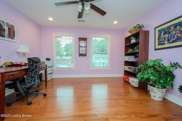 9200 Axminster Dr, Louisville, KY 40299 - home office featuring a ceiling fan, light wood-style flooring, baseboards, and recessed lighting