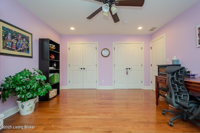 9200 Axminster Dr, Louisville, KY 40299 - home office with wood finished floors, a ceiling fan, baseboards, and recessed lighting