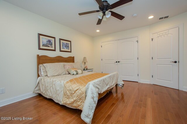 9200 Axminster Dr, Louisville, KY 40299 - bedroom featuring wood finished floors, a closet, baseboards, recessed lighting, and a ceiling fan
