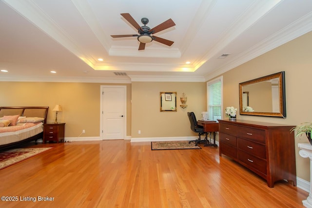 9200 Axminster Dr, Louisville, KY 40299 - bedroom with light wood-type flooring, a tray ceiling, ornamental molding, and an office area