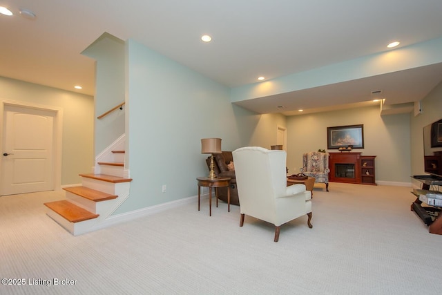 9200 Axminster Dr, Louisville, KY 40299 - living room with carpet, stairway, recessed lighting, and baseboards