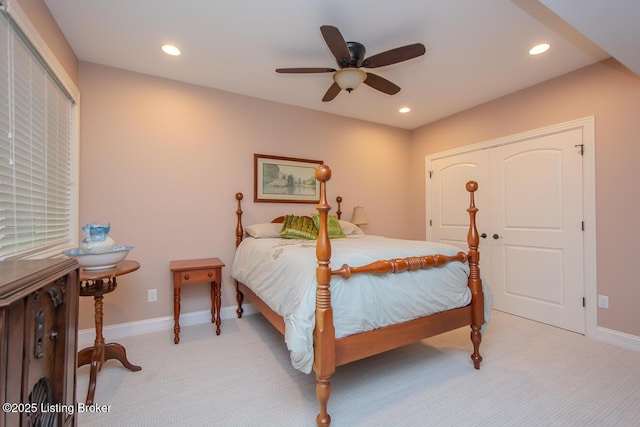 9200 Axminster Dr, Louisville, KY 40299 - bedroom with light colored carpet, recessed lighting, baseboards, and a ceiling fan