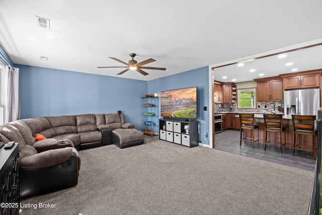 1415 Zoneton Rd, Shepherdsville, KY 40165 - living area featuring a ceiling fan, recessed lighting, and carpet