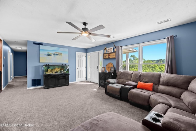 1415 Zoneton Rd, Shepherdsville, KY 40165 - carpeted living area with a ceiling fan, baseboards, and a textured ceiling