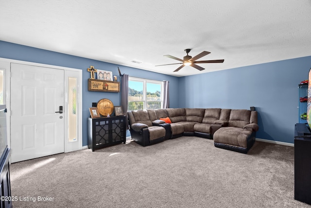 1415 Zoneton Rd, Shepherdsville, KY 40165 - living room featuring ceiling fan, carpet flooring, a textured ceiling, and baseboards