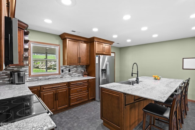 1415 Zoneton Rd, Shepherdsville, KY 40165 - kitchen featuring stainless steel refrigerator with ice dispenser, a sink, electric range, backsplash, and recessed lighting