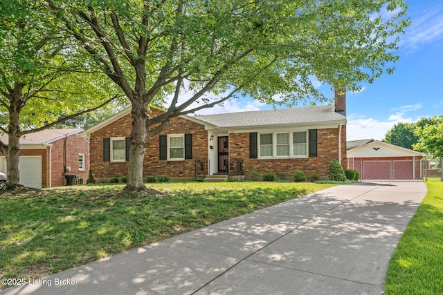 4011 White Plains Ct, Louisville, KY 40218 - single story home with brick siding, a front yard, a garage, and a chimney