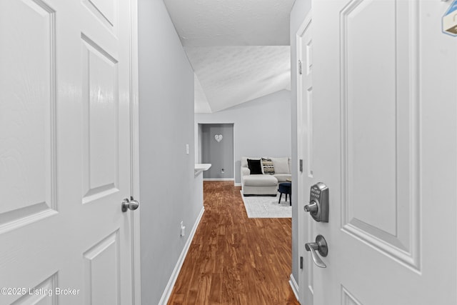 10200 Deer Vista Dr Unit 201, Louisville, KY 40291 - hall with lofted ceiling, dark wood-type flooring, a textured ceiling, and baseboards