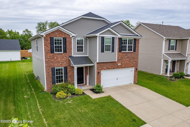11905 Cascade Falls Trl, Louisville, KY 40229 - traditional-style house with driveway, brick siding, an attached garage, a front lawn, and board and batten siding