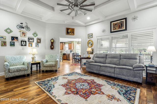 17900 Meremont Heights Way, Louisville, KY 40245 - living area featuring ceiling fan, coffered ceiling, hardwood / wood-style floors, a high ceiling, and beam ceiling