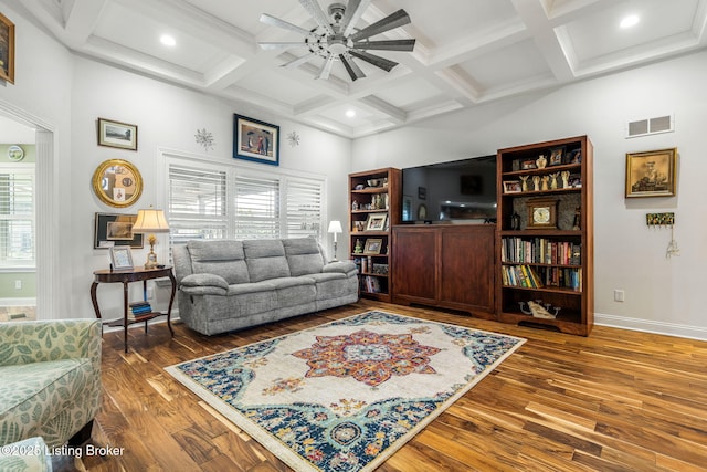 17900 Meremont Heights Way, Louisville, KY 40245 - living room with hardwood / wood-style flooring, plenty of natural light, coffered ceiling, a ceiling fan, and baseboards