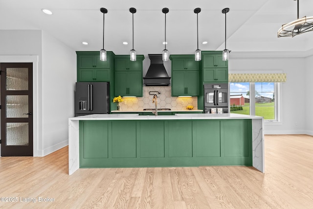 118 Stable Way, Jeffersonville, IN 47130 - kitchen with custom exhaust hood, stainless steel fridge with ice dispenser, green cabinets, baseboards, and recessed lighting