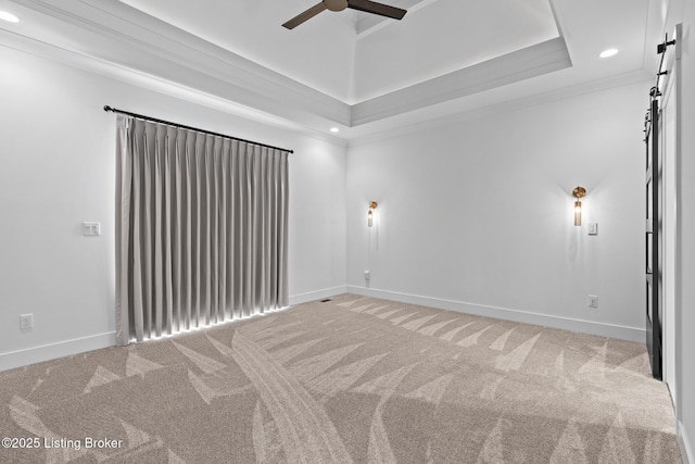 118 Stable Way, Jeffersonville, IN 47130 - unfurnished room with a barn door, recessed lighting, carpet flooring, a ceiling fan, and baseboards