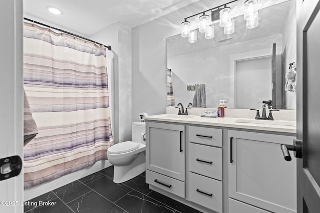 118 Stable Way, Jeffersonville, IN 47130 - bathroom featuring double vanity, toilet, marble look tiles, and a shower with curtain