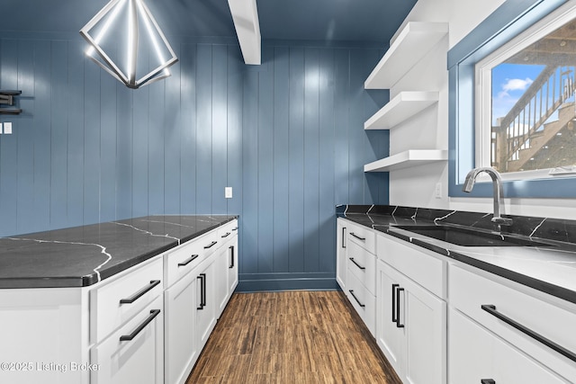 118 Stable Way, Jeffersonville, IN 47130 - kitchen featuring a sink, open shelves, dark wood finished floors, white cabinetry, and dark stone counters