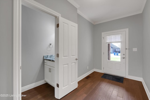 13005 Vista Dr, Prospect, KY 40059 - entrance foyer featuring dark wood-type flooring, ornamental molding, and baseboards