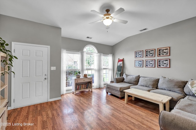 11601 Top Walnut Loop, Louisville, KY 40229 - living area featuring a ceiling fan, wood finished floors, lofted ceiling, and baseboards