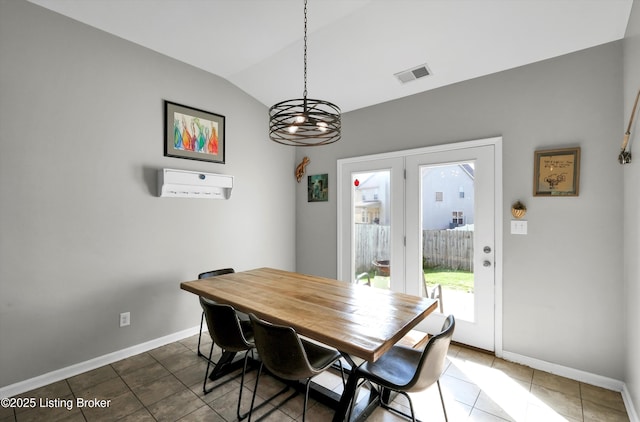 11601 Top Walnut Loop, Louisville, KY 40229 - dining space featuring vaulted ceiling, baseboards, a chandelier, tile patterned floors, and french doors