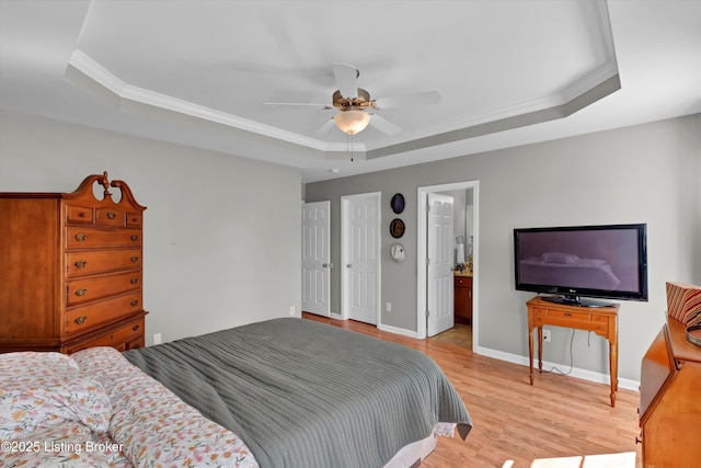 11601 Top Walnut Loop, Louisville, KY 40229 - bedroom with a raised ceiling, light wood-type flooring, baseboards, crown molding, and a ceiling fan