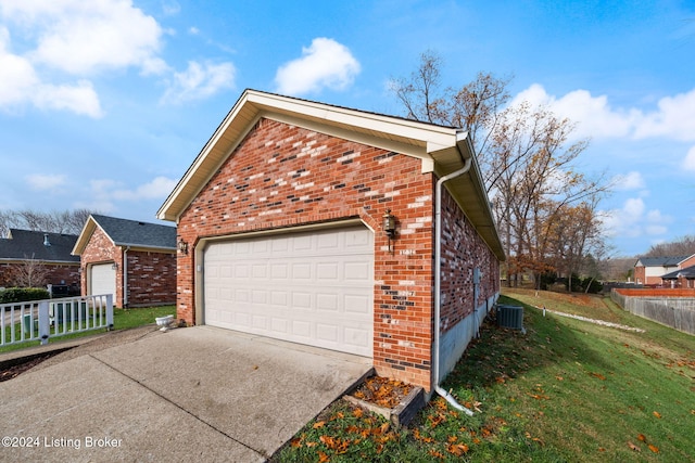 4225 Treesdale Dr, Sellersburg, IN 47172 - view of property exterior with brick siding, a garage, central AC unit, and concrete driveway