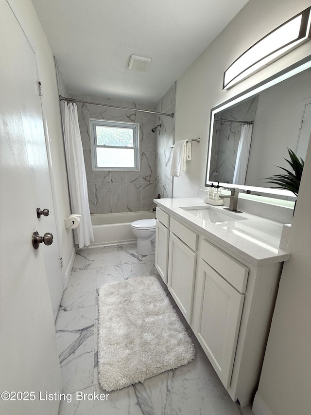11302 Deering Rd, Louisville, KY 40272 - bathroom featuring marble finish flooring, shower / bath combo with shower curtain, and vanity