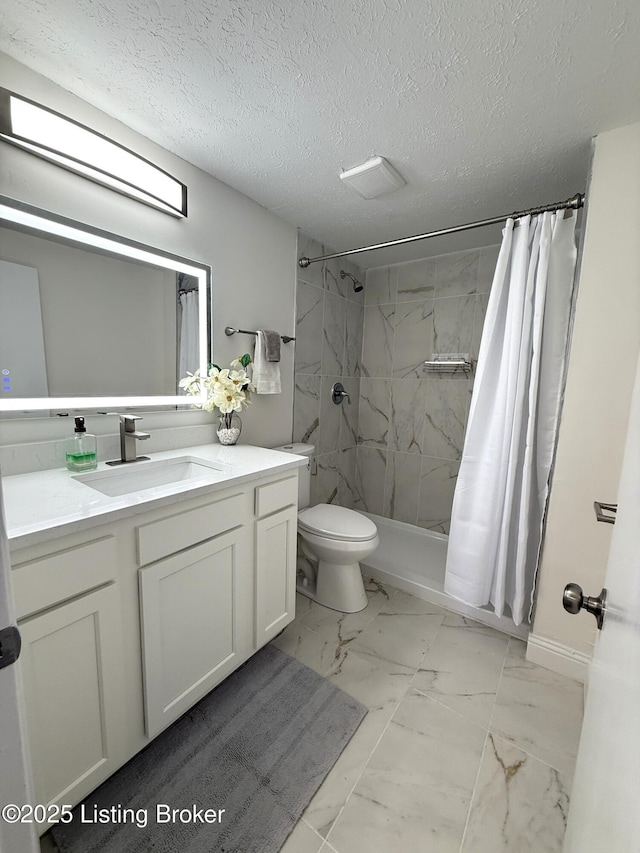11302 Deering Rd, Louisville, KY 40272 - bathroom featuring marble look tiles, vanity, curtained shower, and a textured ceiling