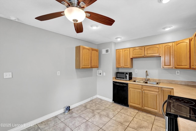 6106 Dobson Ct, Louisville, KY 40229 - kitchen with black appliances, a sink, a ceiling fan, light countertops, and baseboards