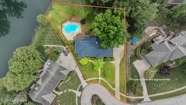 527 Woodlake Dr, Louisville, KY 40245 - aerial view of property's location with a pool area and property parcel outlined