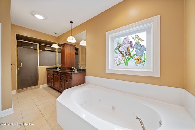 527 Woodlake Dr, Louisville, KY 40245 - full bath with a shower stall, double vanity, a jetted tub, and tile patterned flooring