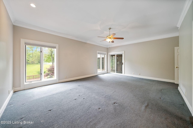 527 Woodlake Dr, Louisville, KY 40245 - spare room featuring carpet floors, ceiling fan, and ornamental molding