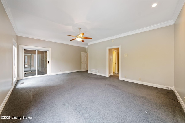 527 Woodlake Dr, Louisville, KY 40245 - spare room featuring ornamental molding, ceiling fan, and dark colored carpet
