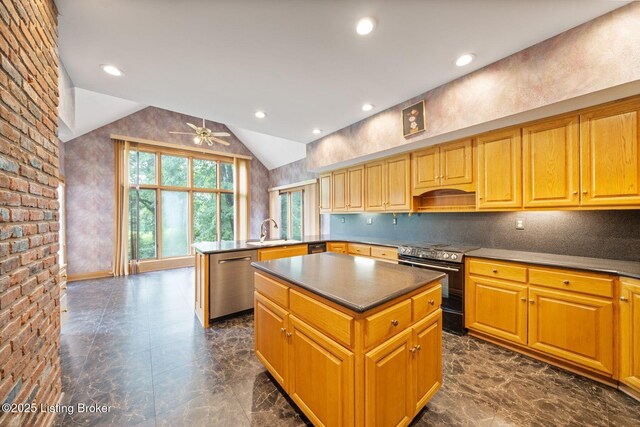 527 Woodlake Dr, Louisville, KY 40245 - kitchen featuring black range with electric cooktop, dishwasher, a center island, a peninsula, and vaulted ceiling