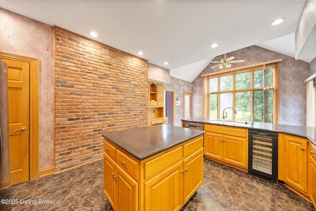 527 Woodlake Dr, Louisville, KY 40245 - kitchen with beverage cooler, lofted ceiling, a kitchen island, ceiling fan, and dark marble finish floors