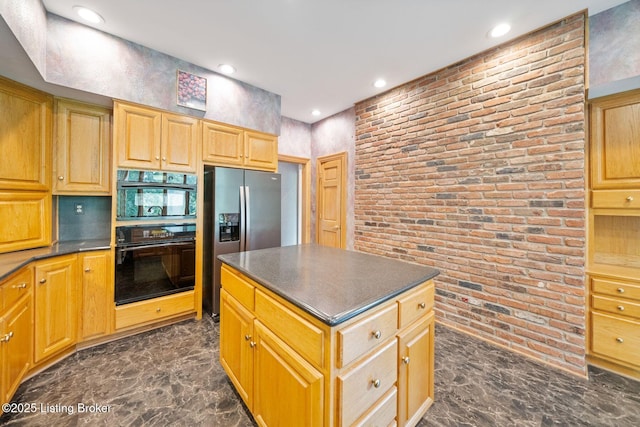 527 Woodlake Dr, Louisville, KY 40245 - kitchen with dark countertops, stainless steel fridge with ice dispenser, dark marble finish flooring, brick wall, and a kitchen island