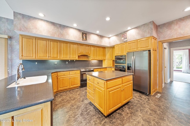 527 Woodlake Dr, Louisville, KY 40245 - kitchen featuring stainless steel refrigerator with ice dispenser, electric range oven, dark countertops, a kitchen island, and recessed lighting