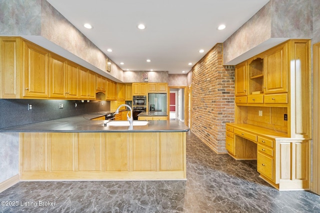 527 Woodlake Dr, Louisville, KY 40245 - kitchen featuring stainless steel fridge with ice dispenser, dark marble finish floors, a peninsula, open shelves, and recessed lighting