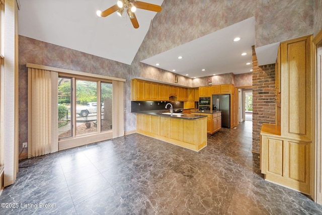 527 Woodlake Dr, Louisville, KY 40245 - kitchen with stainless steel fridge, high vaulted ceiling, a peninsula, ceiling fan, and dark countertops