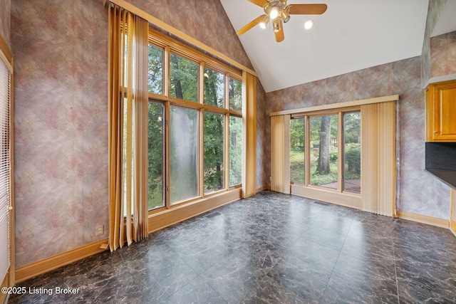 527 Woodlake Dr, Louisville, KY 40245 - unfurnished room with a ceiling fan, marble tiled floors, and high vaulted ceiling