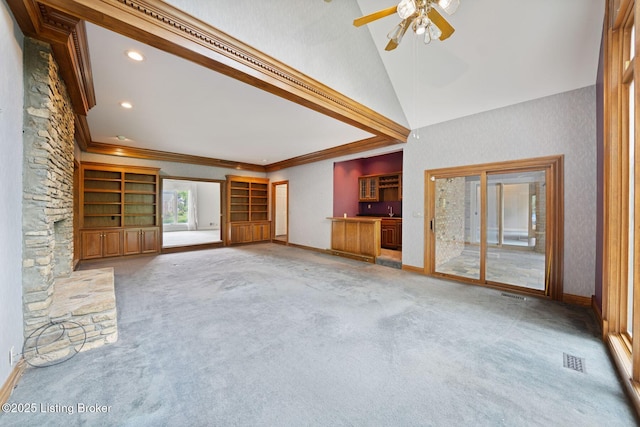527 Woodlake Dr, Louisville, KY 40245 - unfurnished living room with carpet floors, ornamental molding, a ceiling fan, lofted ceiling, and recessed lighting