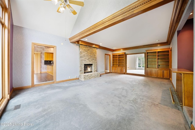 527 Woodlake Dr, Louisville, KY 40245 - unfurnished living room featuring crown molding, ceiling fan, a fireplace, carpet floors, and recessed lighting