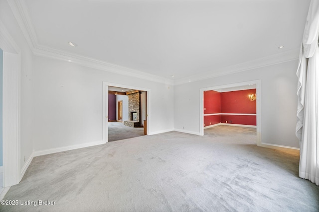 527 Woodlake Dr, Louisville, KY 40245 - empty room featuring ornamental molding, carpet, a brick fireplace, and recessed lighting