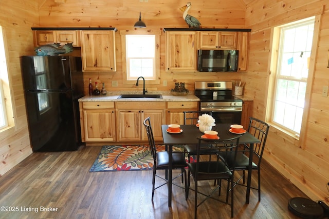 255 Little Cabin Ln, Falls Of Rough, KY 40119 - kitchen with black appliances, a sink, wood walls, dark wood-type flooring, and light brown cabinets