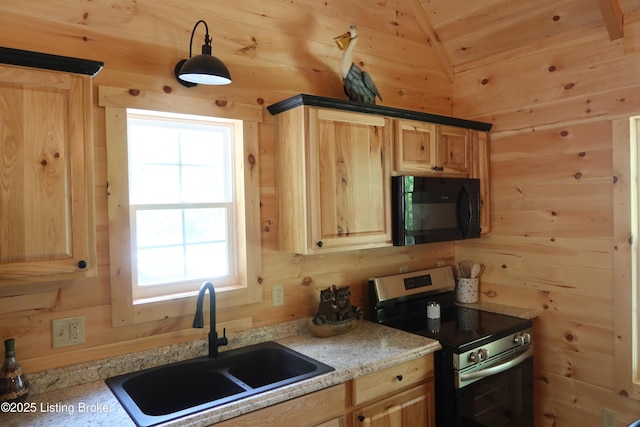255 Little Cabin Ln, Falls Of Rough, KY 40119 - kitchen with stainless steel range with electric stovetop, black microwave, a sink, light brown cabinets, and wood walls