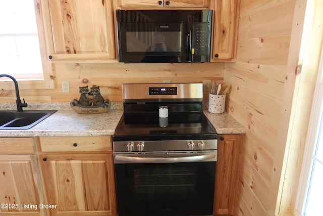 255 Little Cabin Ln, Falls Of Rough, KY 40119 - kitchen with black microwave, stainless steel electric range oven, a sink, light brown cabinetry, and light stone countertops